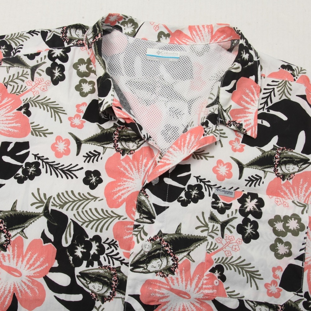 Columbia Coral, Black & White Floral Fish Button-Down Shirt